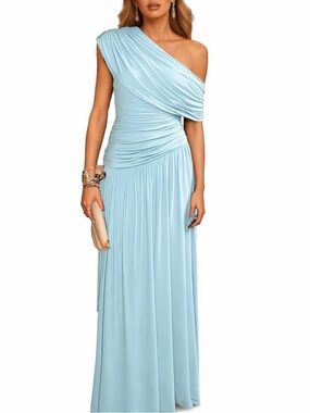 One-Shoulder Light Blue Ruched Maxi Dress